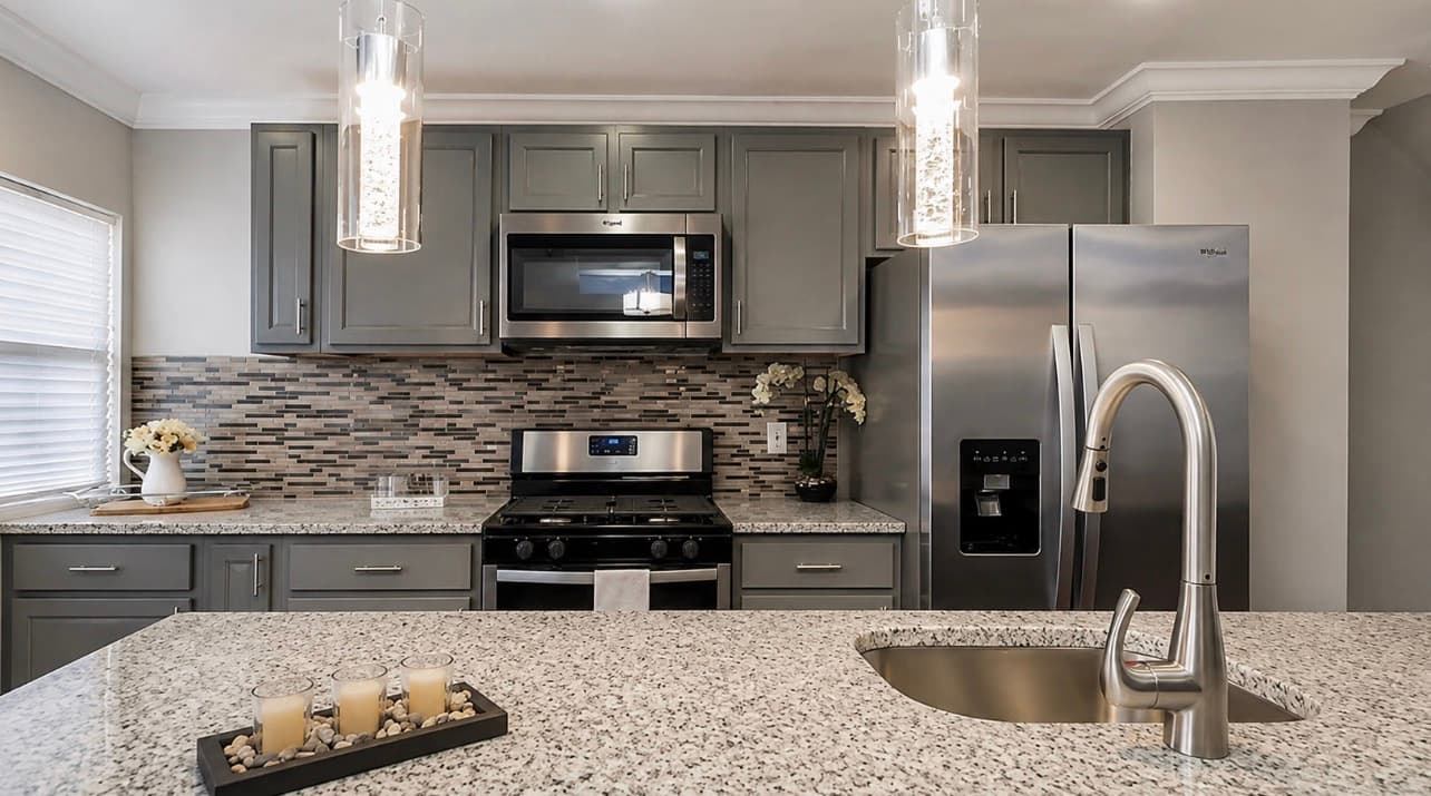 Kitchen remodel by Jobi Homes with cabinetry, stone counters, and stainless appliances
